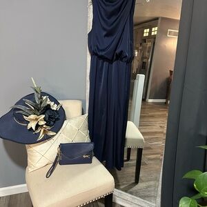 Kentucky Derby Elegant Santorini Navy Dress with Matching Accessories